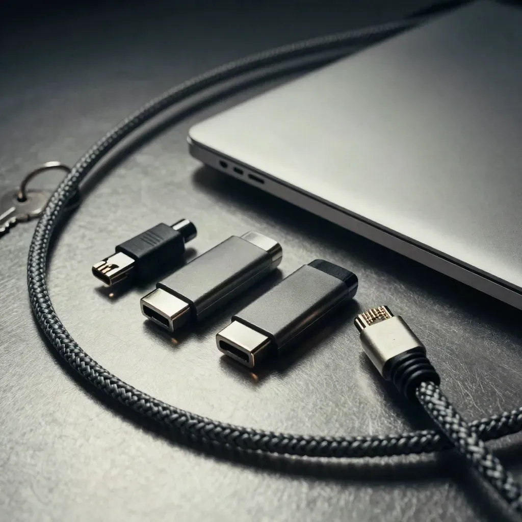 Thumb drives, nätverkskablar och stängd laptop på metall i dramatisk ljussättning