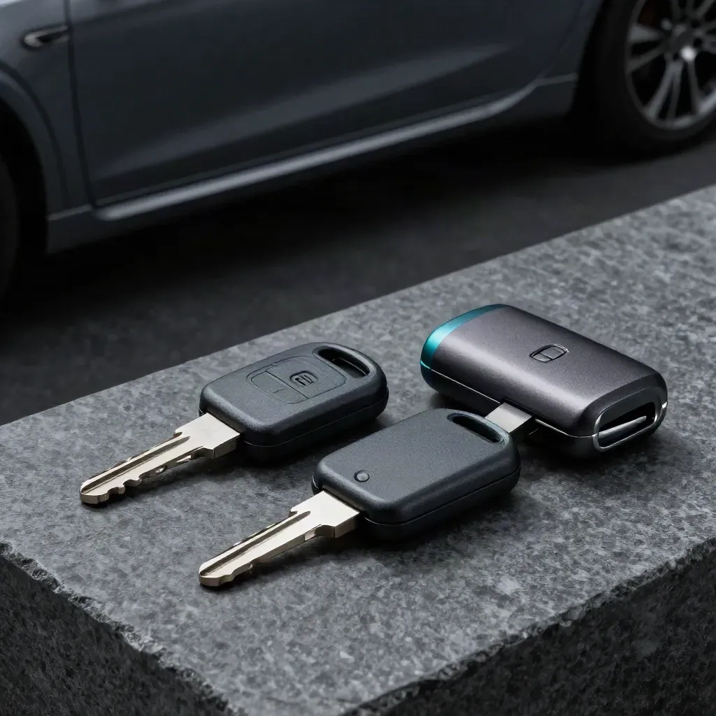 Två krypterade USB-nycklar, låsbar tokenbox och kabelklämma på sten i dramatisk belysning