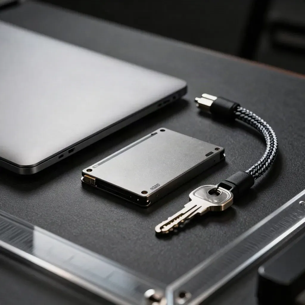 Krypbild av krypterad SSD, säkerhetsnyckel och flätad kabel bredvid stängd laptop