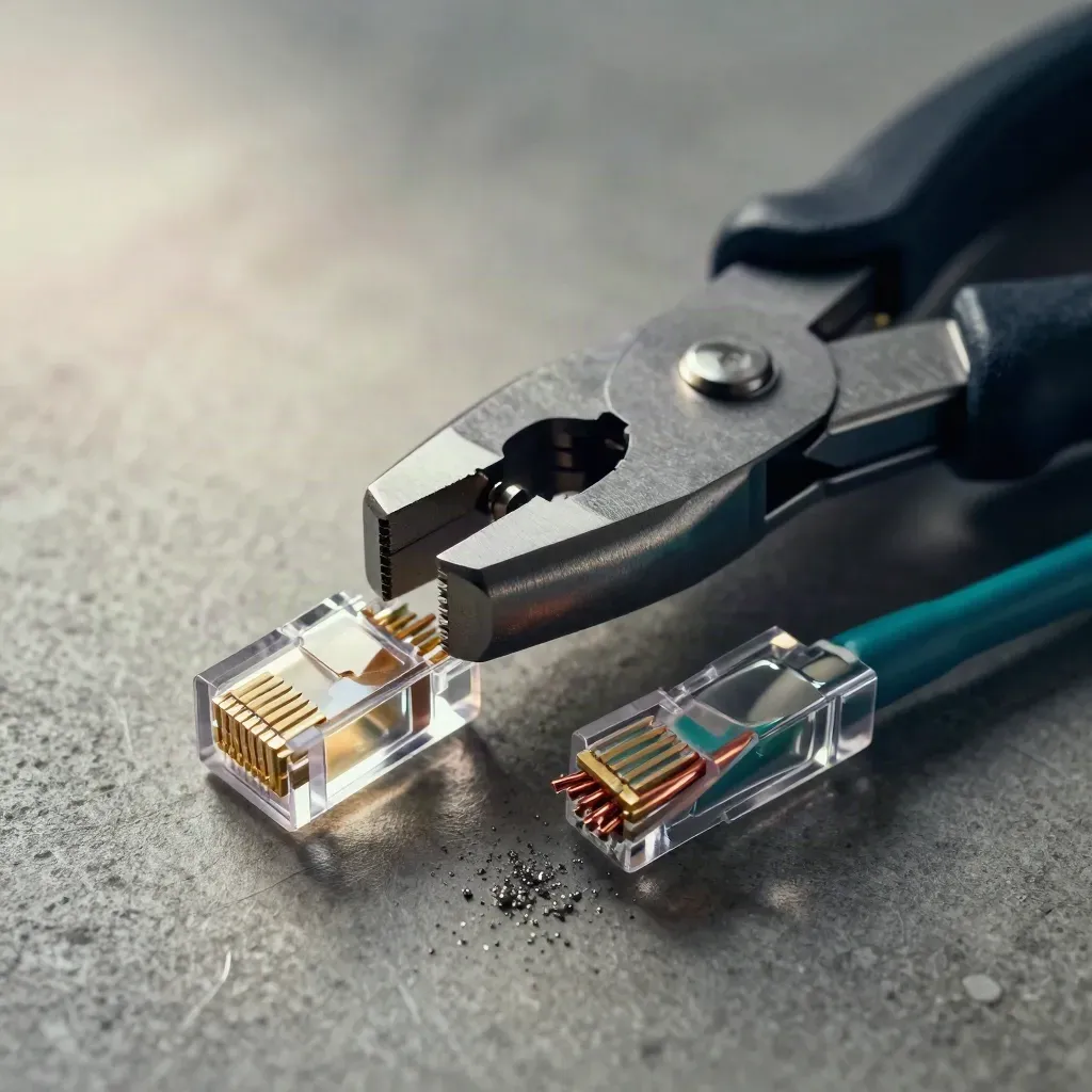 RJ45-kontakter och en crimptång med kabelavklipp på mörk grå arbetsyta.