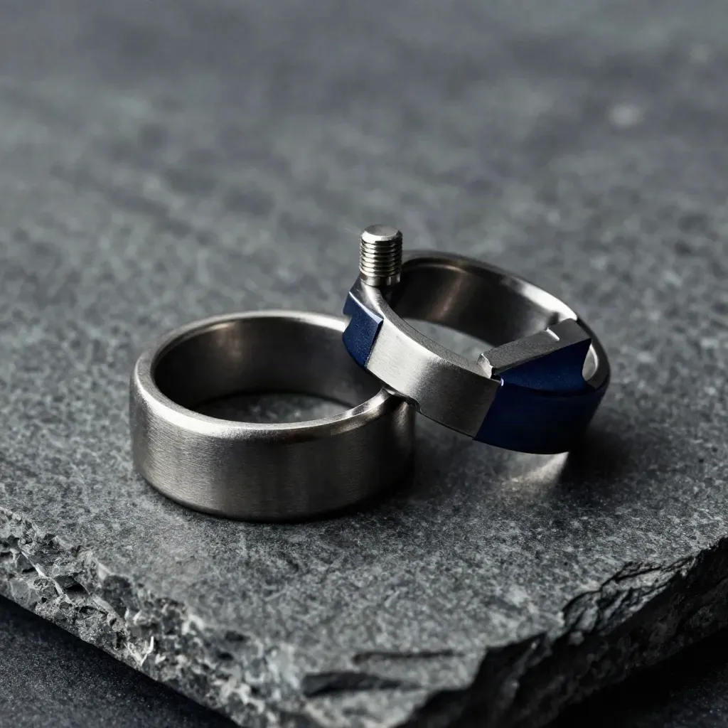 Låsta metallringar, en kopplingspinne och ett modulblock på stensockel i dramatisk belysning.