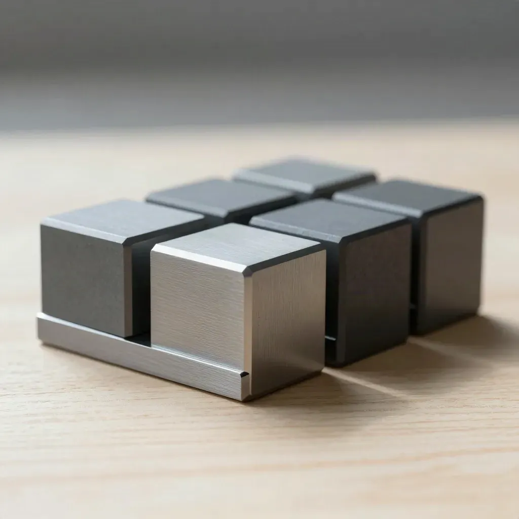 Modulblock, adapterplatta och metalbrygga i grafit på ljust trä, mjukt ljus och skärpedjup