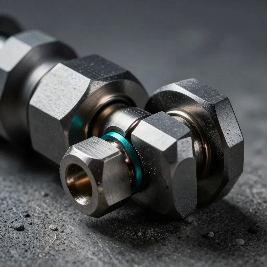 Makro av metallkopplingar, distans och sexkantig kontakt på mörk betong med teal-detalj.